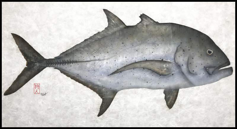 Giant Trevally Ulua Gyotaku Fish painting